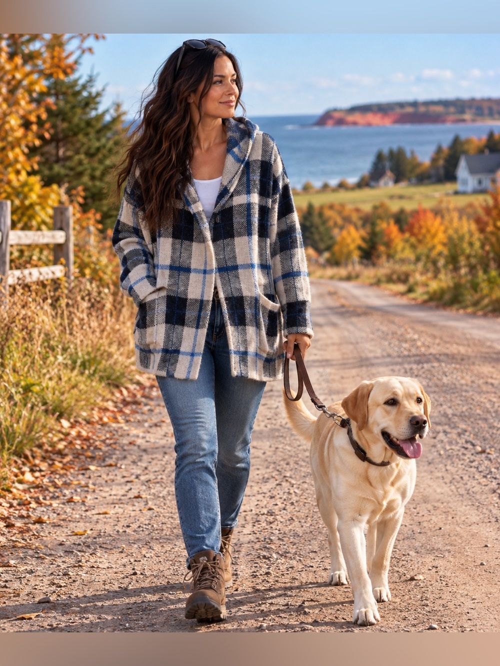 Olsen Plaid Knit Cardigan Jacket – Blue Navy Cream – Hooded – Pockets